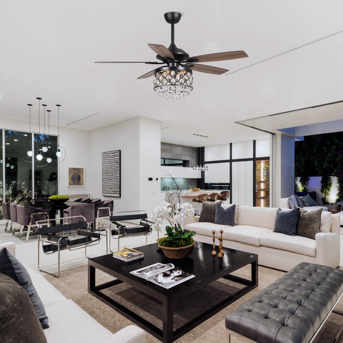 Lustre/ventilateur de plafond à 4 lumières chromé/cristal avec télécommande