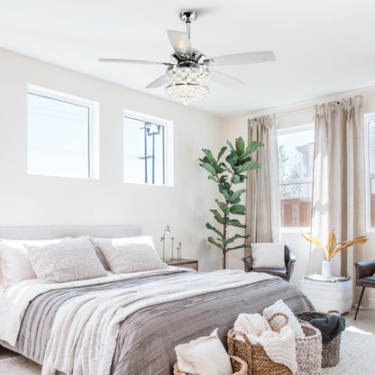 Lustre/ventilateur de plafond à 4 lumières chromé/cristal avec télécommande