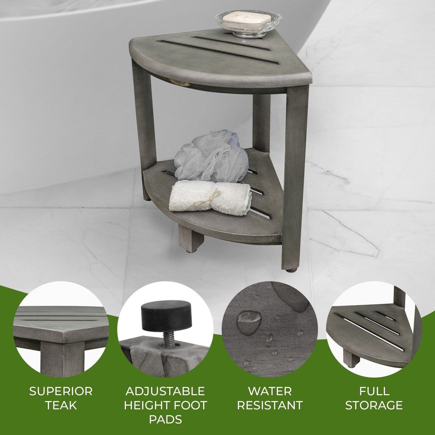 Étagère d'angle de douche en teck CoastalVogue, tabouret de douche pour se raser les jambes, repose-pieds de douche, tabouret de douche en teck, tabouret d'angle de douche