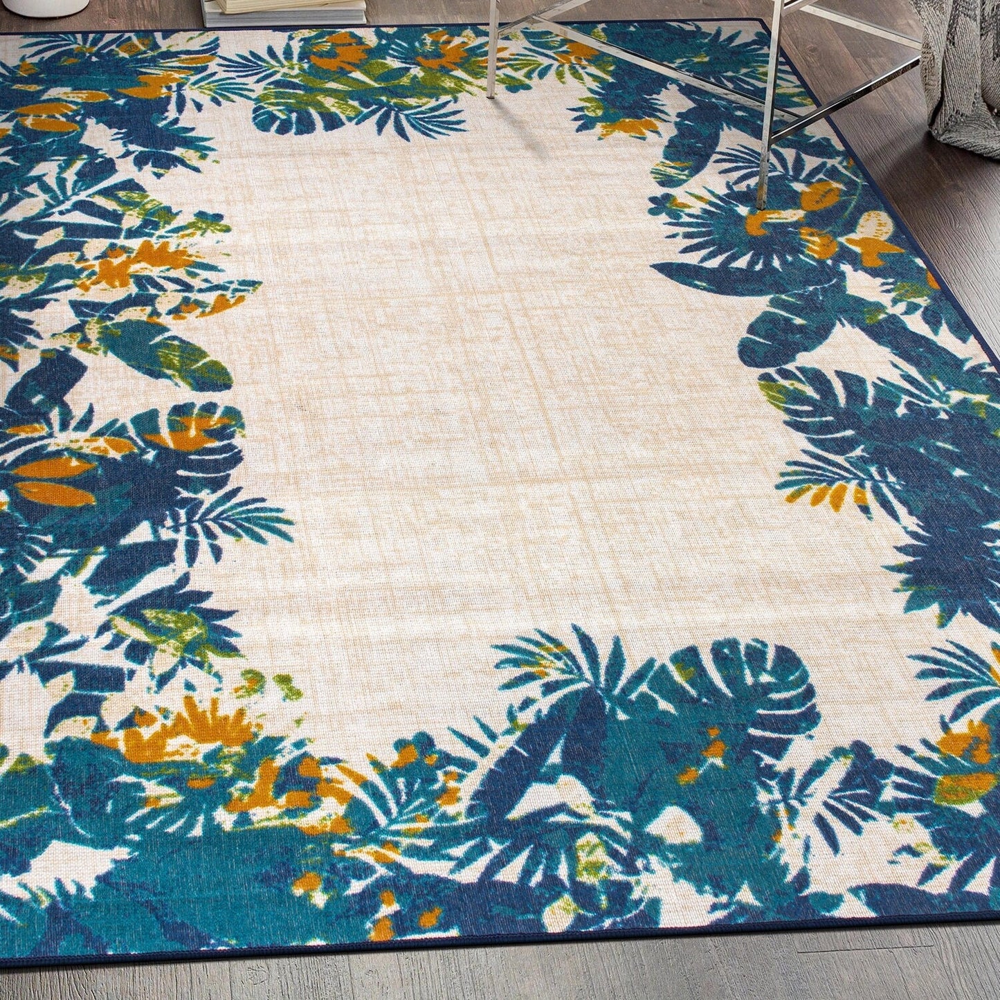 Tapis d'intérieur/extérieur à bordure florale contemporaine