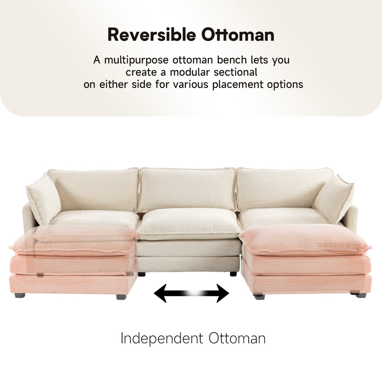 Canapé d'angle en velours côtelé avec poufs amovibles et coussins ultra-doux pour salon et chambre