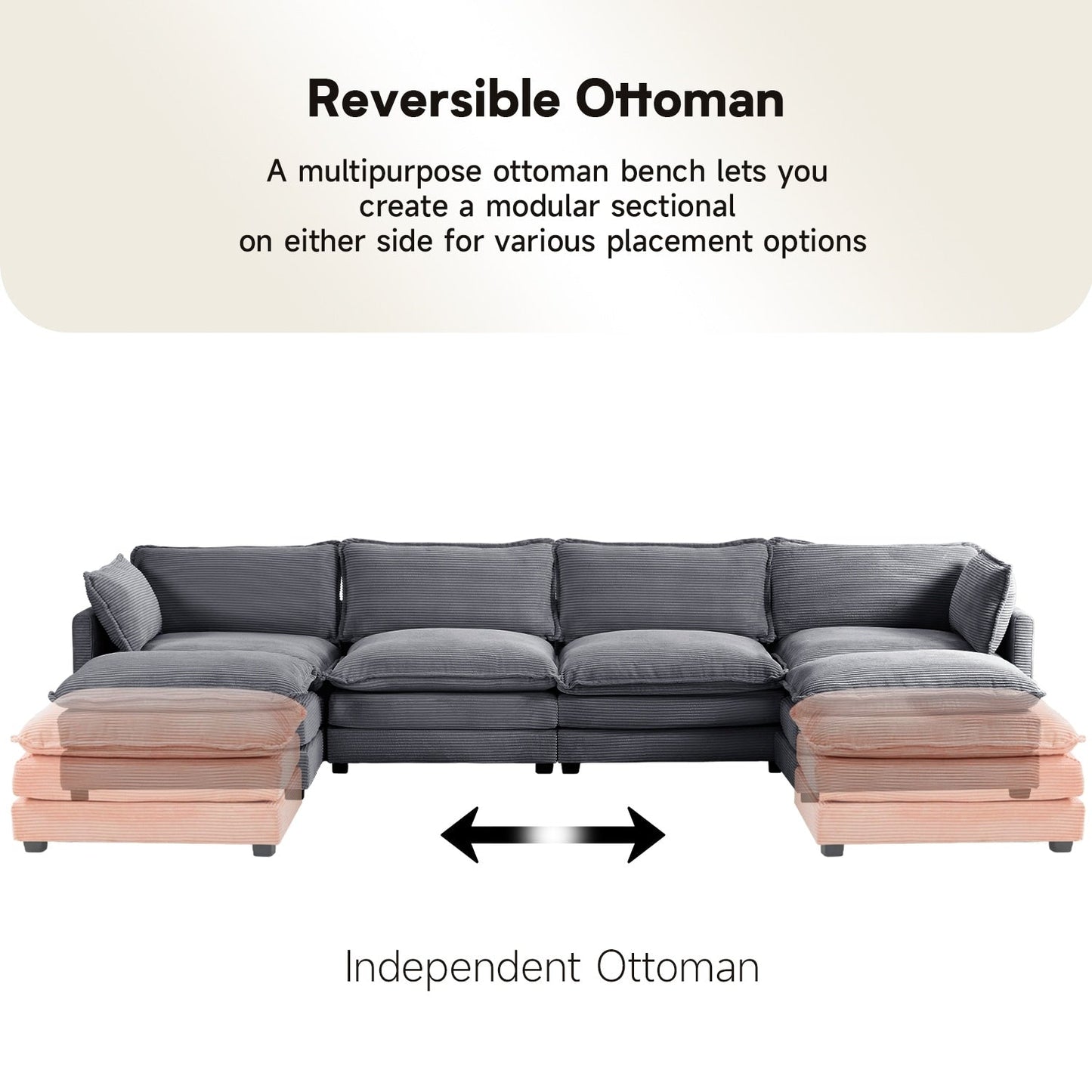 Canapé d'angle en velours côtelé avec poufs amovibles et coussins ultra-doux pour salon et chambre