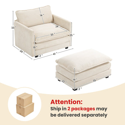 Canapé d'angle en velours côtelé avec poufs amovibles et coussins ultra-doux pour salon et chambre