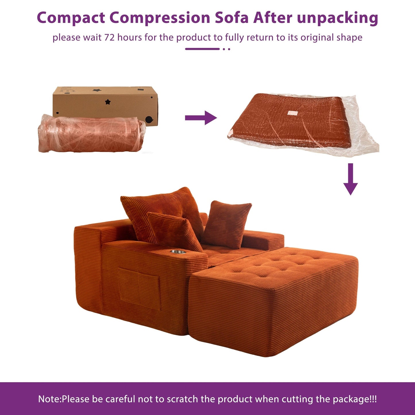 Canapé pouf rembourré en velours côtelé et mousse à mémoire de forme avec pouf - 48,4 L x 67,7 l x 24,4 H