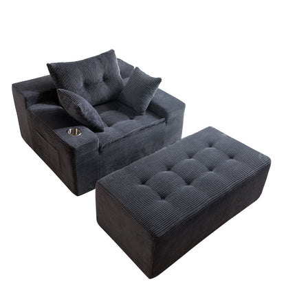 Canapé pouf rembourré en velours côtelé et mousse à mémoire de forme avec pouf - 48,4 L x 67,7 l x 24,4 H