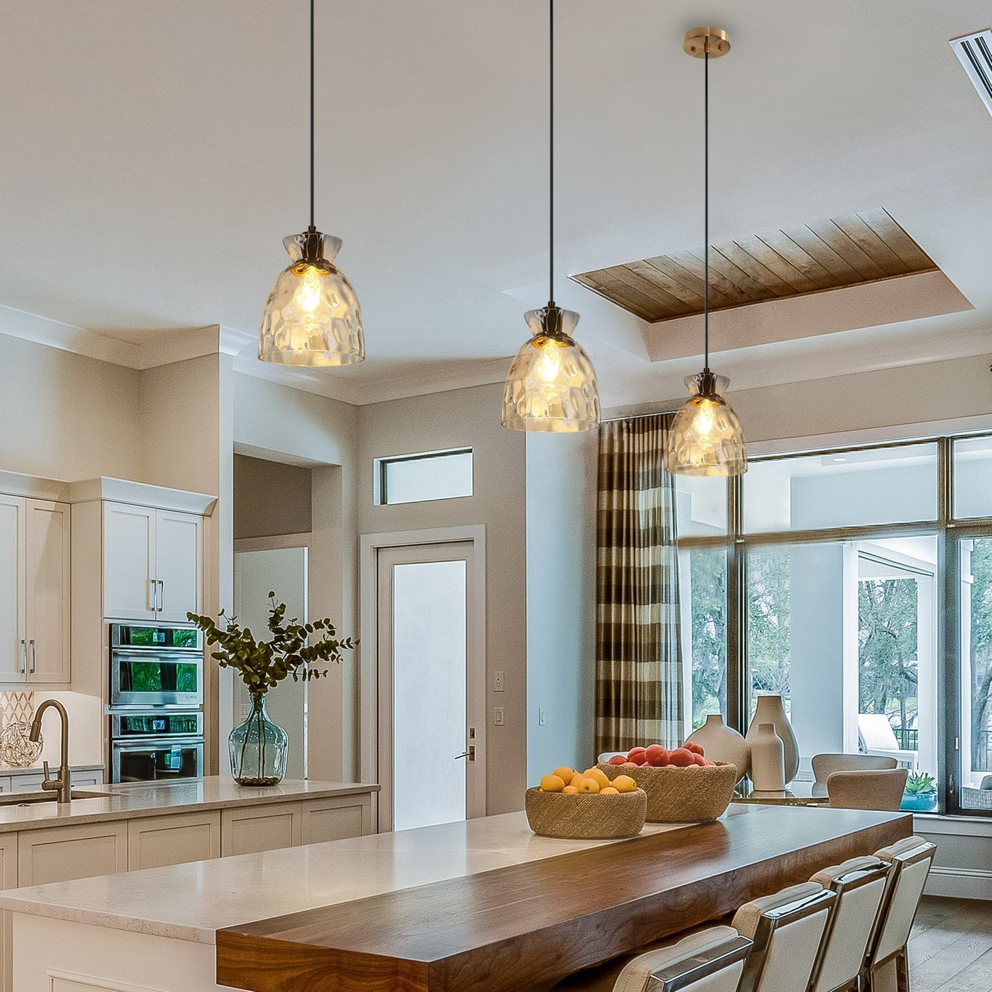 Suspension Elisie style moderne du milieu du siècle, 1 lumière, dôme en verre martelé effet cascade, éclairage pour îlot de cuisine ou salle à manger