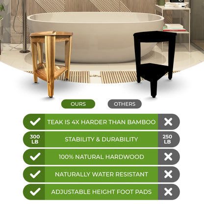 EcoDecors, Coin élégant, Banc de douche en teck, Tabouret de douche en teck, Tabouret d'angle de douche, Banc de douche d'angle en teck, Avec étagère