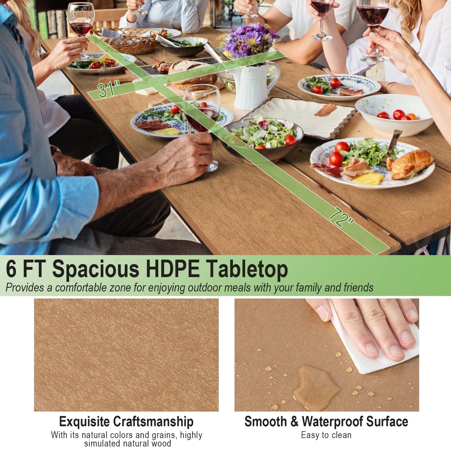 Ensemble table de pique-nique et banc Costway 6 pieds en PEHD robuste pour extérieur - Voir les détails