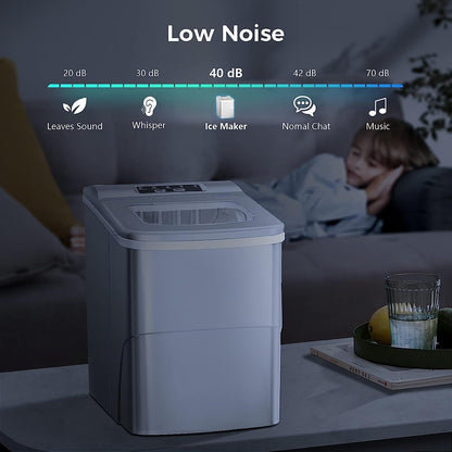 Machine à glaçons de comptoir, glaçons prêts en 6 à 8 minutes, avec pelle et panier à glaçons.