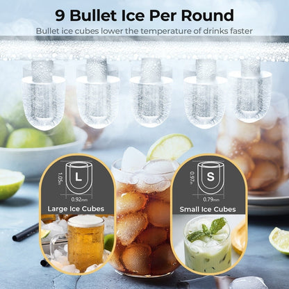 Machine à glaçons de comptoir avec pelle et panier à glaçons, 9 glaçons en 6 minutes, 12 kg/24 h, 2 tailles de glaçons en forme de balle, autonettoyante