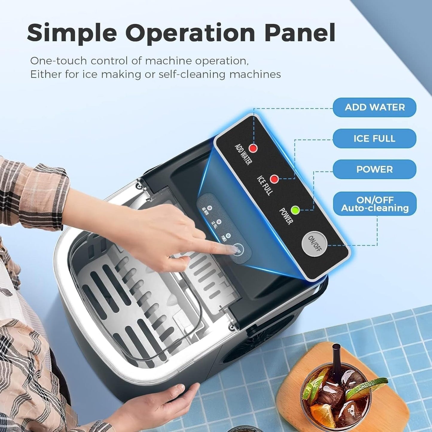 Machine à glaçons portable de comptoir avec fonction autonettoyante, 9 glaçons ronds en 6 minutes, fournie avec panier à glaçons et pelle à glace.