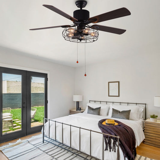 Ventilateur de plafond CurveCurio style industriel ferme, cage noire à 5 lumières, avec éclairage, télécommande et chaînette, 42-48-52 pouces.