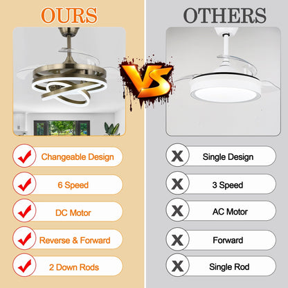Ventilateur de plafond rétractable Cusp Barn 42 avec éclairage et télécommande, forme DIY, ventilateur moderne silencieux à moteur CC et plafonnier LED