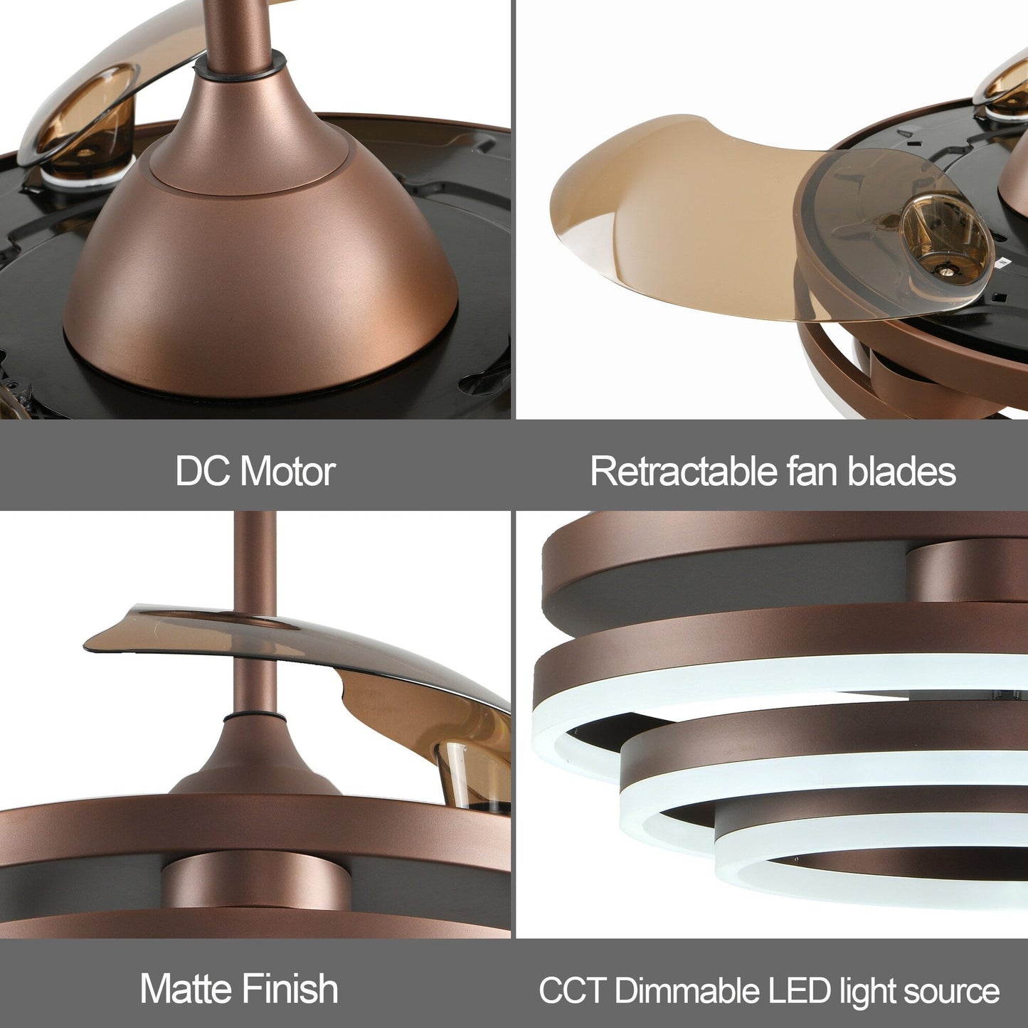 Ventilateur de plafond rétractable Cusp Barn 42 avec éclairage et télécommande, forme DIY, ventilateur moderne silencieux à moteur CC et plafonnier LED