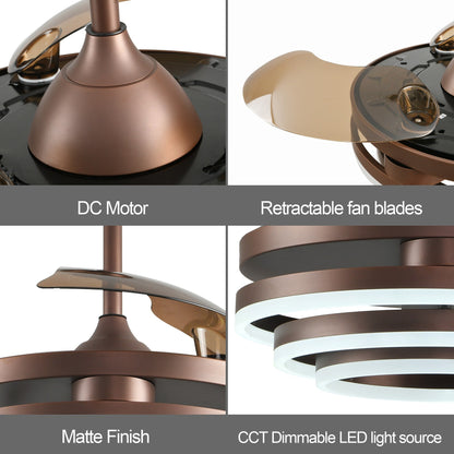 Ventilateur de plafond rétractable Cusp Barn 42 avec éclairage et télécommande, forme DIY, ventilateur moderne silencieux à moteur CC et plafonnier LED