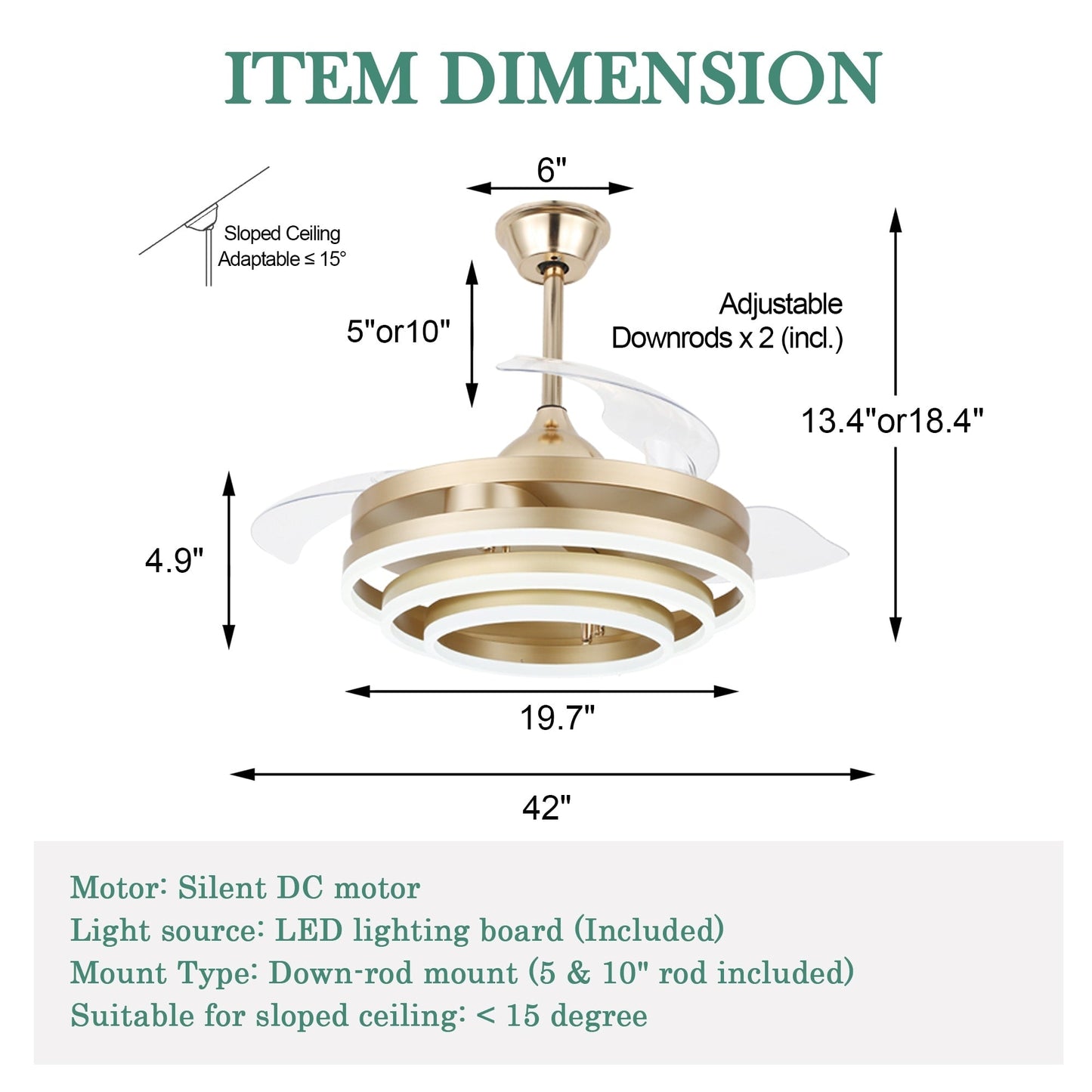 Ventilateur de plafond rétractable Cusp Barn 42 avec éclairage et télécommande, forme DIY, ventilateur moderne silencieux à moteur CC et plafonnier LED