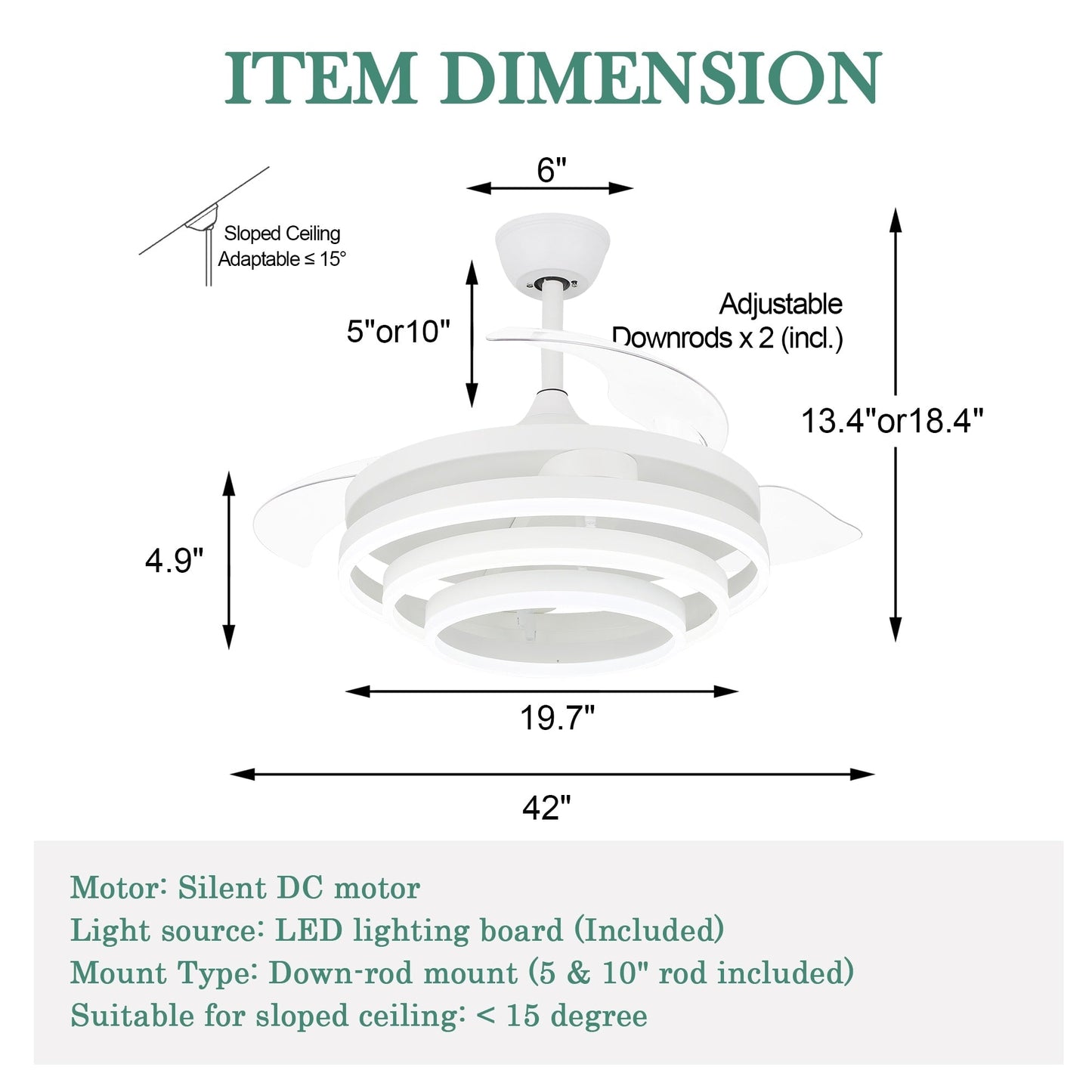 Ventilateur de plafond rétractable Cusp Barn 42 avec éclairage et télécommande, forme DIY, ventilateur moderne silencieux à moteur CC et plafonnier LED