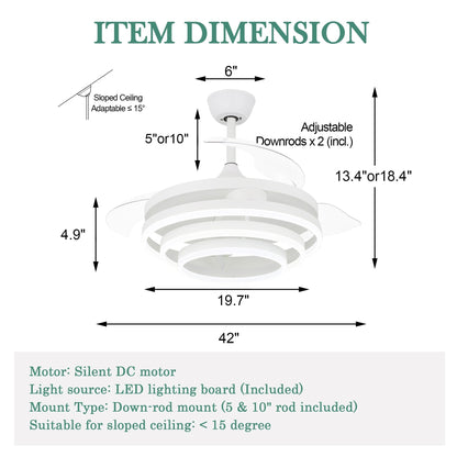 Ventilateur de plafond rétractable Cusp Barn 42 avec éclairage et télécommande, forme DIY, ventilateur moderne silencieux à moteur CC et plafonnier LED
