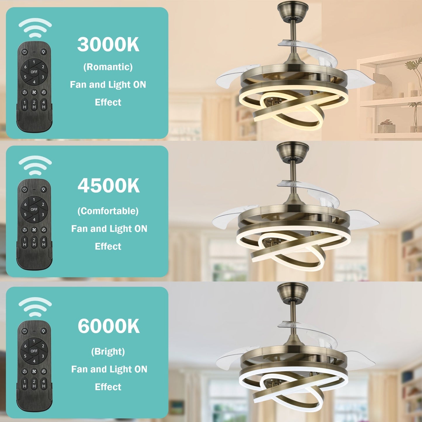 Ventilateur de plafond rétractable Cusp Barn 42 avec éclairage et télécommande, forme DIY, ventilateur moderne silencieux à moteur CC et plafonnier LED