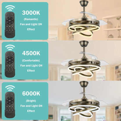 Ventilateur de plafond rétractable Cusp Barn 42 avec éclairage et télécommande, forme DIY, ventilateur moderne silencieux à moteur CC et plafonnier LED