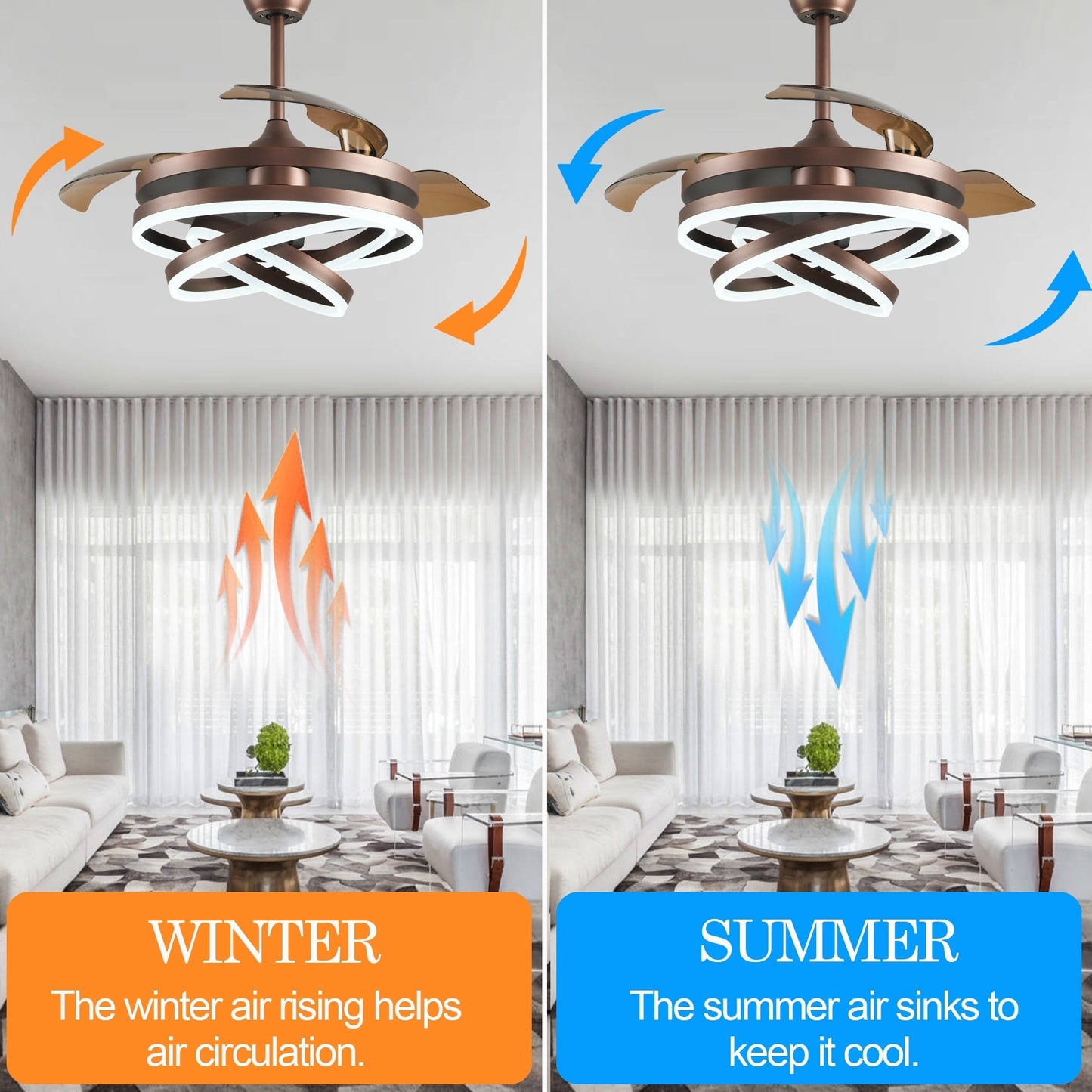 Ventilateur de plafond rétractable Cusp Barn 42 avec éclairage et télécommande, forme DIY, ventilateur moderne silencieux à moteur CC et plafonnier LED