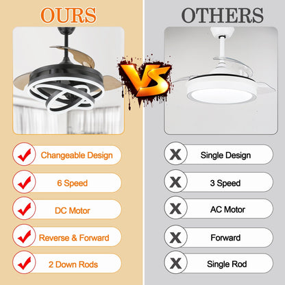 Ventilateur de plafond rétractable Cusp Barn 42 avec éclairage et télécommande, forme DIY, ventilateur moderne silencieux à moteur CC et plafonnier LED