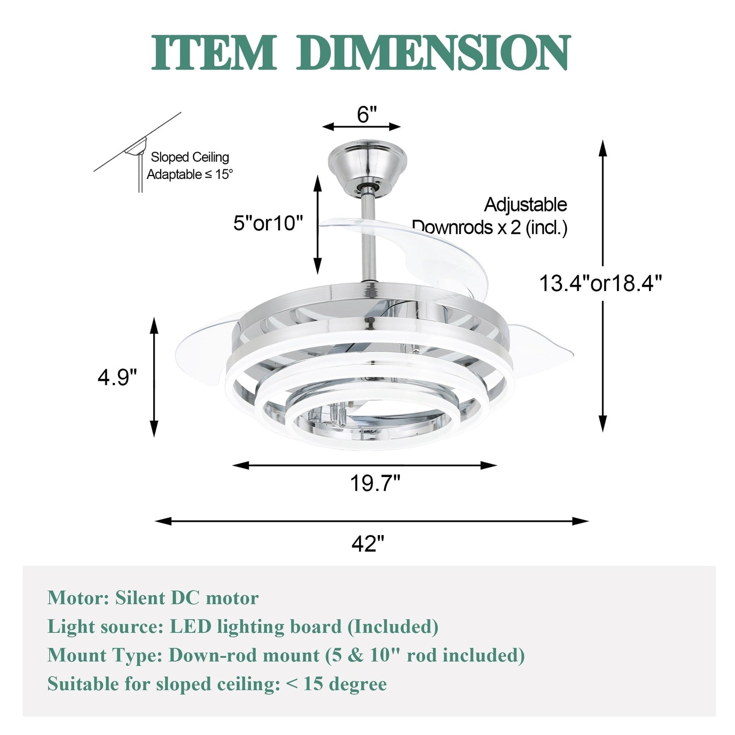 Ventilateur de plafond rétractable Cusp Barn 42 avec éclairage et télécommande, forme DIY, ventilateur moderne silencieux à moteur CC et plafonnier LED