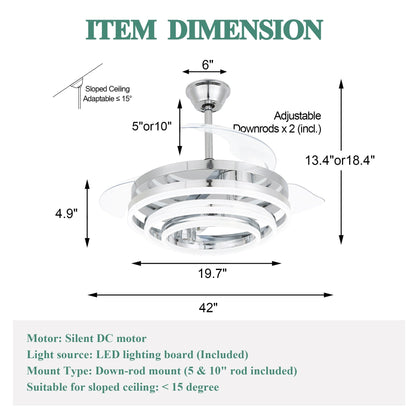 Ventilateur de plafond rétractable Cusp Barn 42 avec éclairage et télécommande, forme DIY, ventilateur moderne silencieux à moteur CC et plafonnier LED