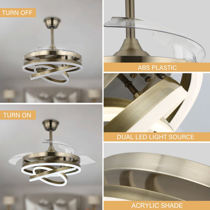 Ventilateur de plafond rétractable Cusp Barn 42 avec éclairage et télécommande, forme DIY, ventilateur moderne silencieux à moteur CC et plafonnier LED