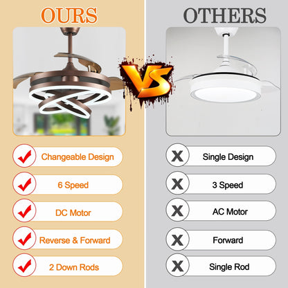 Ventilateur de plafond rétractable Cusp Barn 42 avec éclairage et télécommande, forme DIY, ventilateur moderne silencieux à moteur CC et plafonnier LED