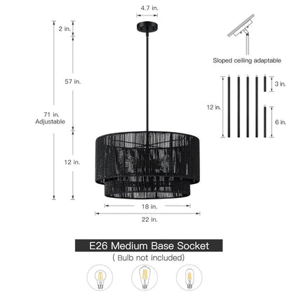 Lustre tambour en rotin noir Cynthia à 4 lumières - 56 cm (22 po) de largeur
