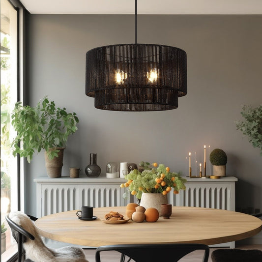 Lustre tambour en rotin noir Cynthia à 4 lumières - 56 cm (22 po) de largeur