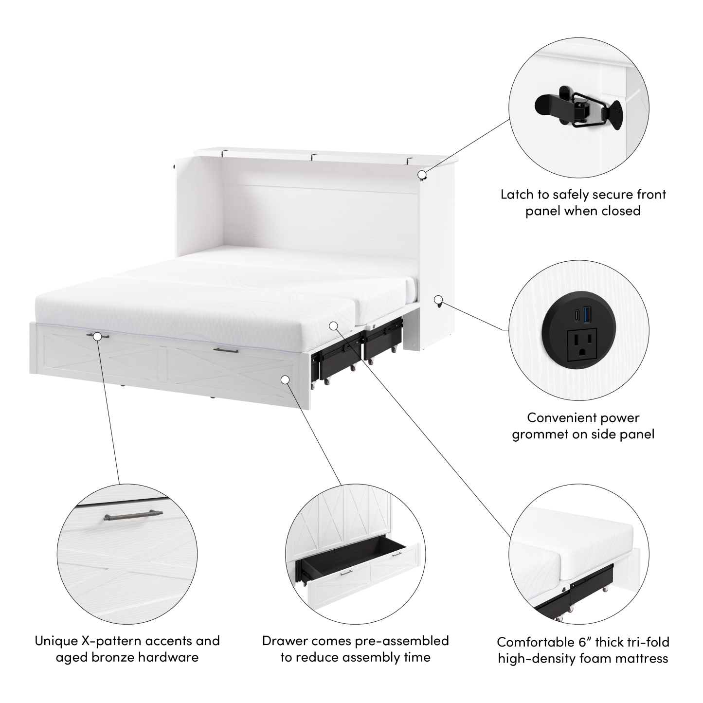 Lit armoire Key West avec matelas à trois plis - Chêne blanc - Format grand lit | Lit armoire Key West avec matelas triple - Chêne blanc - Grand lit