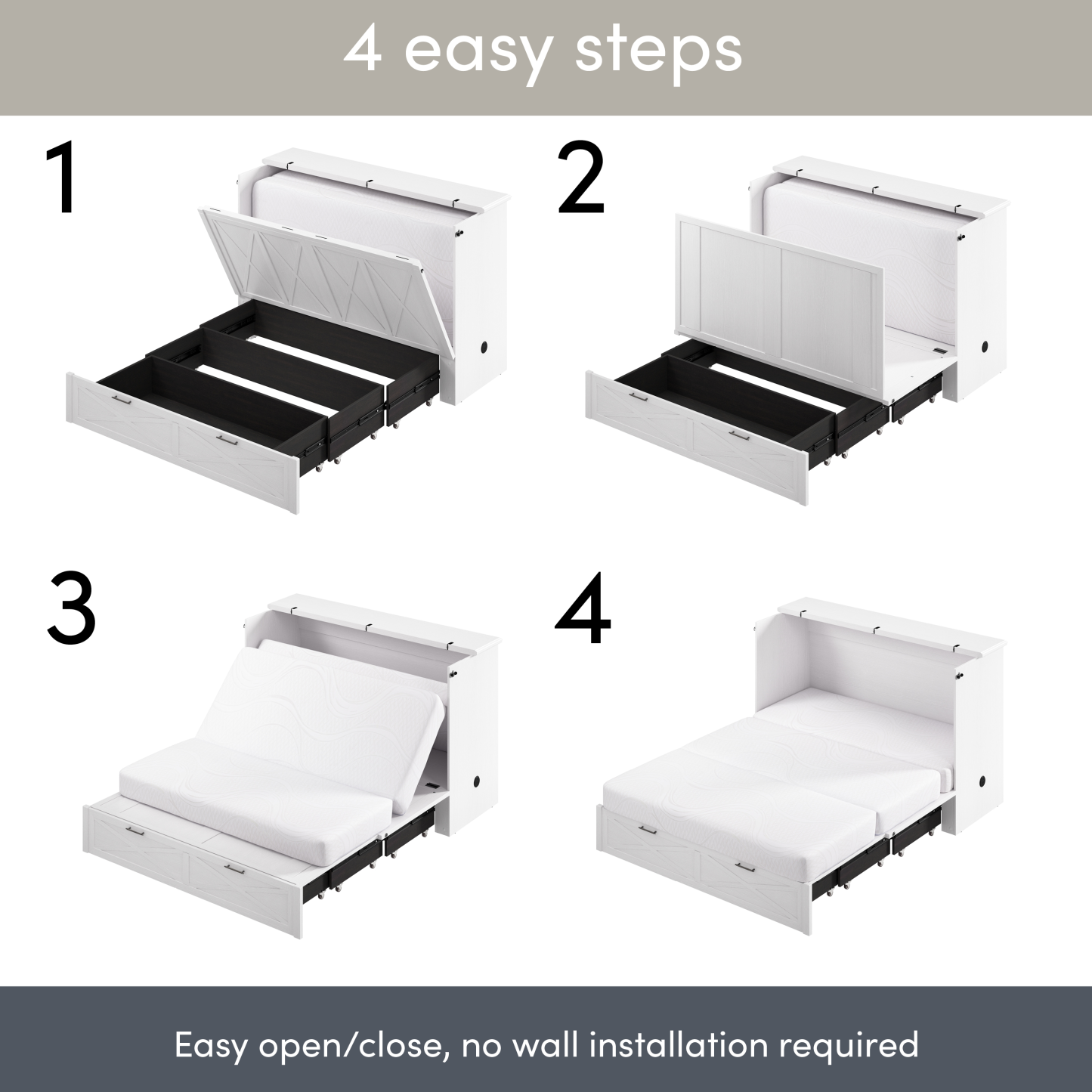 Lit armoire Key West avec matelas à trois plis - Chêne blanc - Format grand lit | Lit armoire Key West avec matelas triple - Chêne blanc - Grand lit