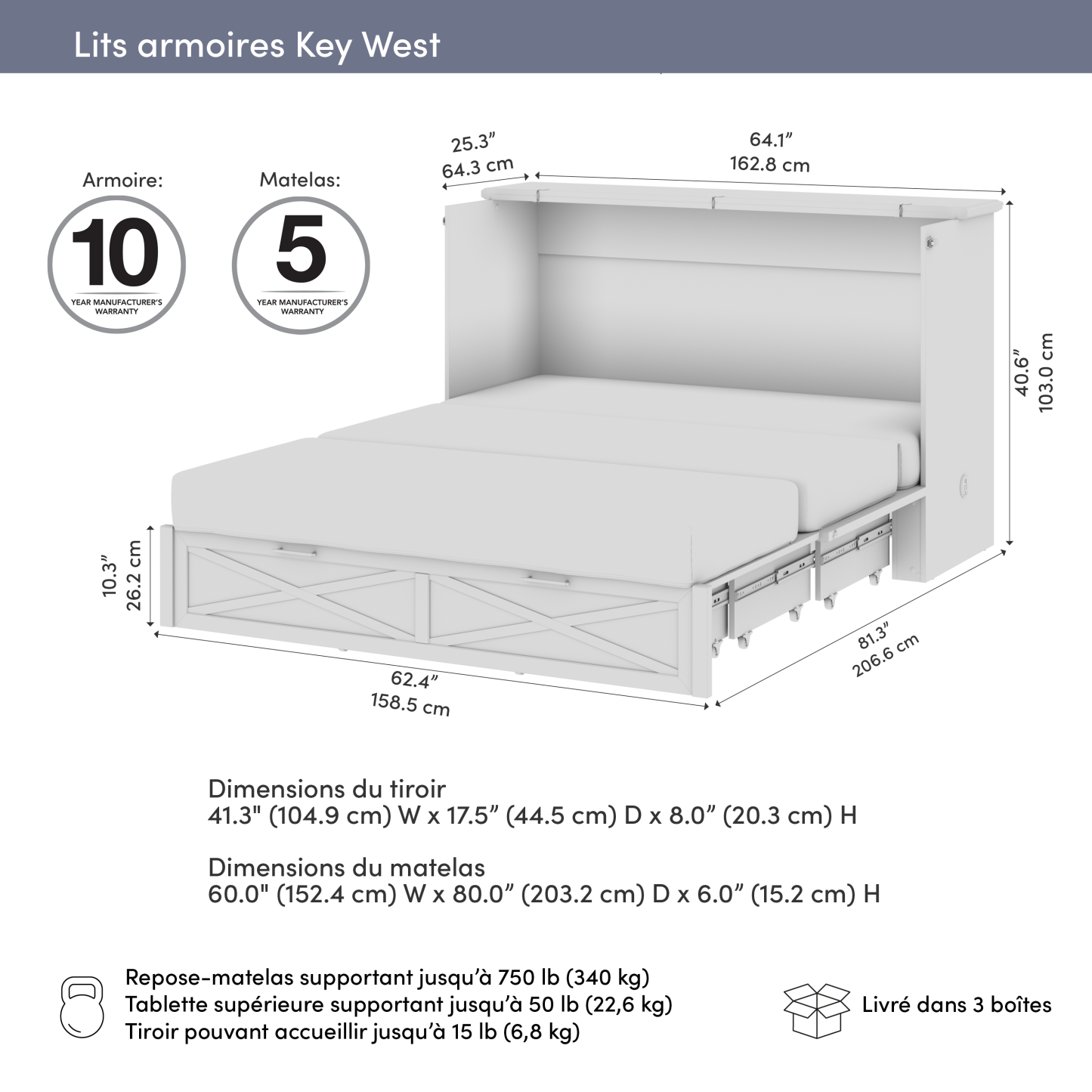 Lit armoire Key West avec matelas à trois plis - Chêne blanc - Format grand lit | Lit armoire Key West avec matelas triple - Chêne blanc - Grand lit