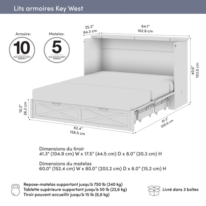 Lit armoire Key West avec matelas à trois plis - Chêne blanc - Format grand lit | Lit armoire Key West avec matelas triple - Chêne blanc - Grand lit
