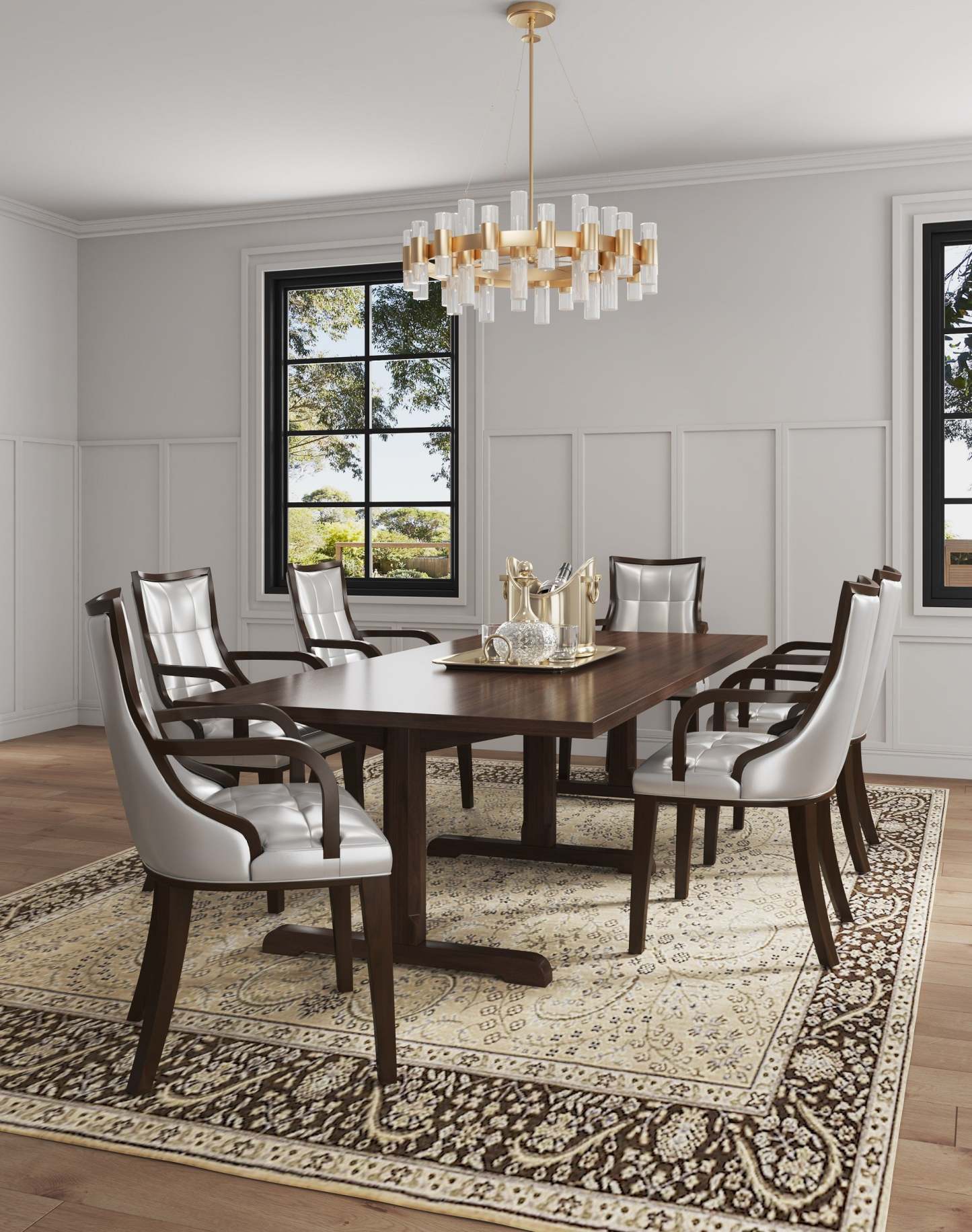 Manhattan Comfort Set of 2 Fifth Avenue Faux Leather Dining Chairs - Silver &amp; Walnut|Ensemble 2 chaises de salle à manger Fifth Avenue de Manhattan Comfort en similicuir - argenté et noyer