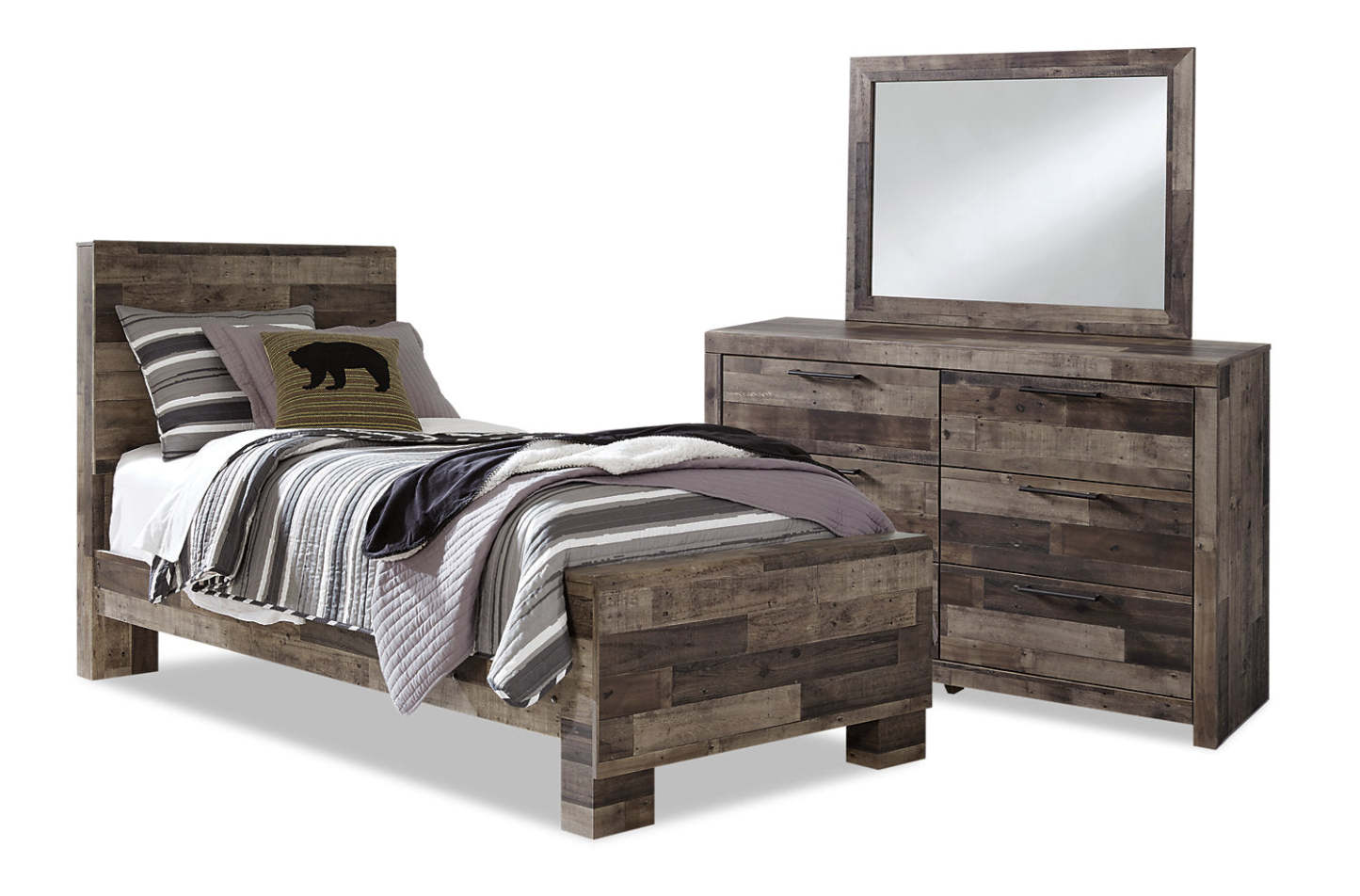 Ensemble de chambre à coucher Derekson 5 pièces pour enfants avec lit à panneau, commode et miroir, gris - format lit simple