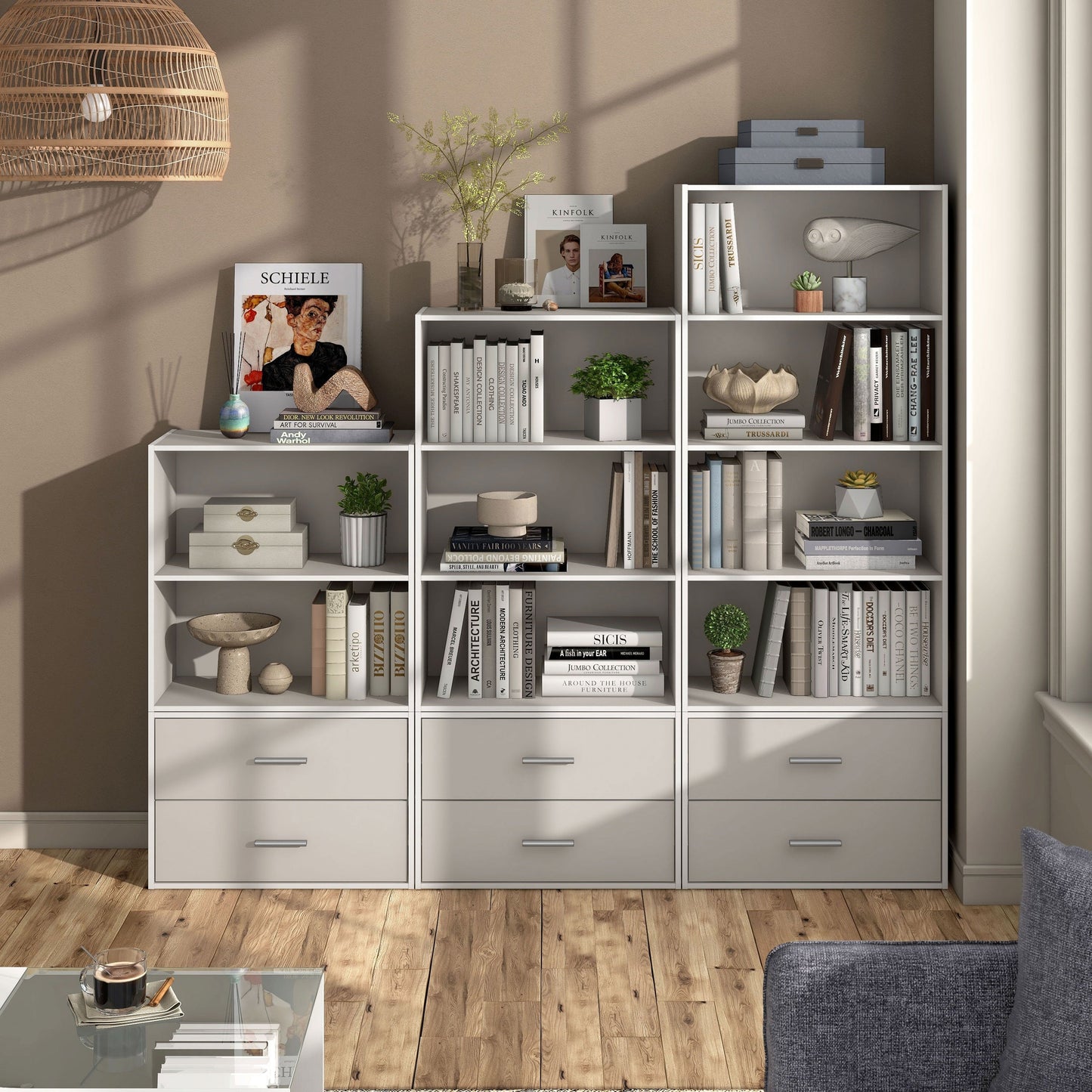 DH BASIC Système de rangement moderne en bois personnalisable et empilable - Étagères cubiques, armoire à tiroirs, bibliothèque avec portes par Denhour