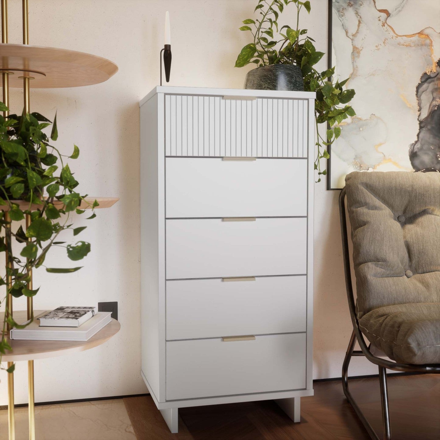Manhattan Comfort Granville Tall 23.62 Modern Narrow Dresser with 5 Drawers - Blanc|Grande commode mince moderne Granville de Manhattan Comfort de 23,62 po avec 5 tiroirs - blanche