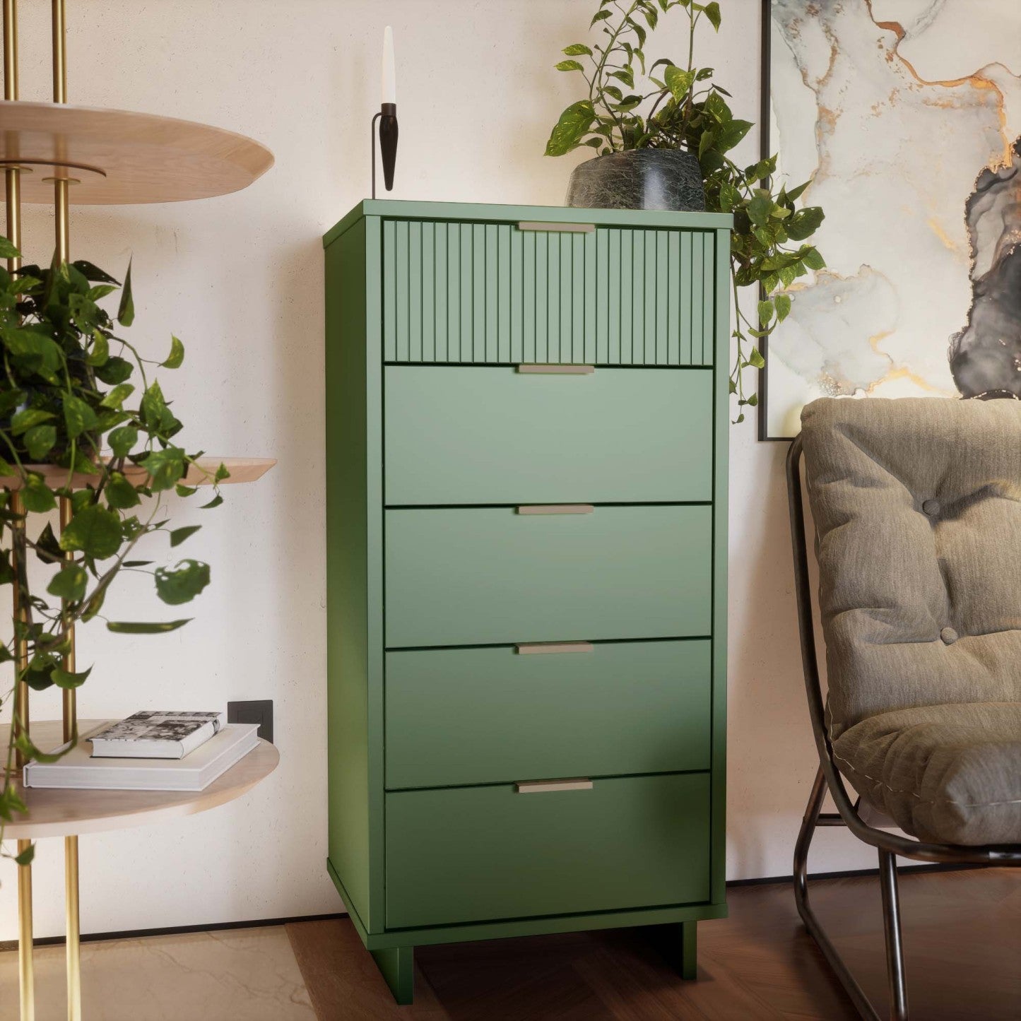 Manhattan Comfort Granville Tall 23.62 Modern Narrow Dresser with 5 Drawers - Sage Green|Grande commode mince moderne Granville de Manhattan Comfort de 23,62 po avec 5 tiroirs - vert sauge