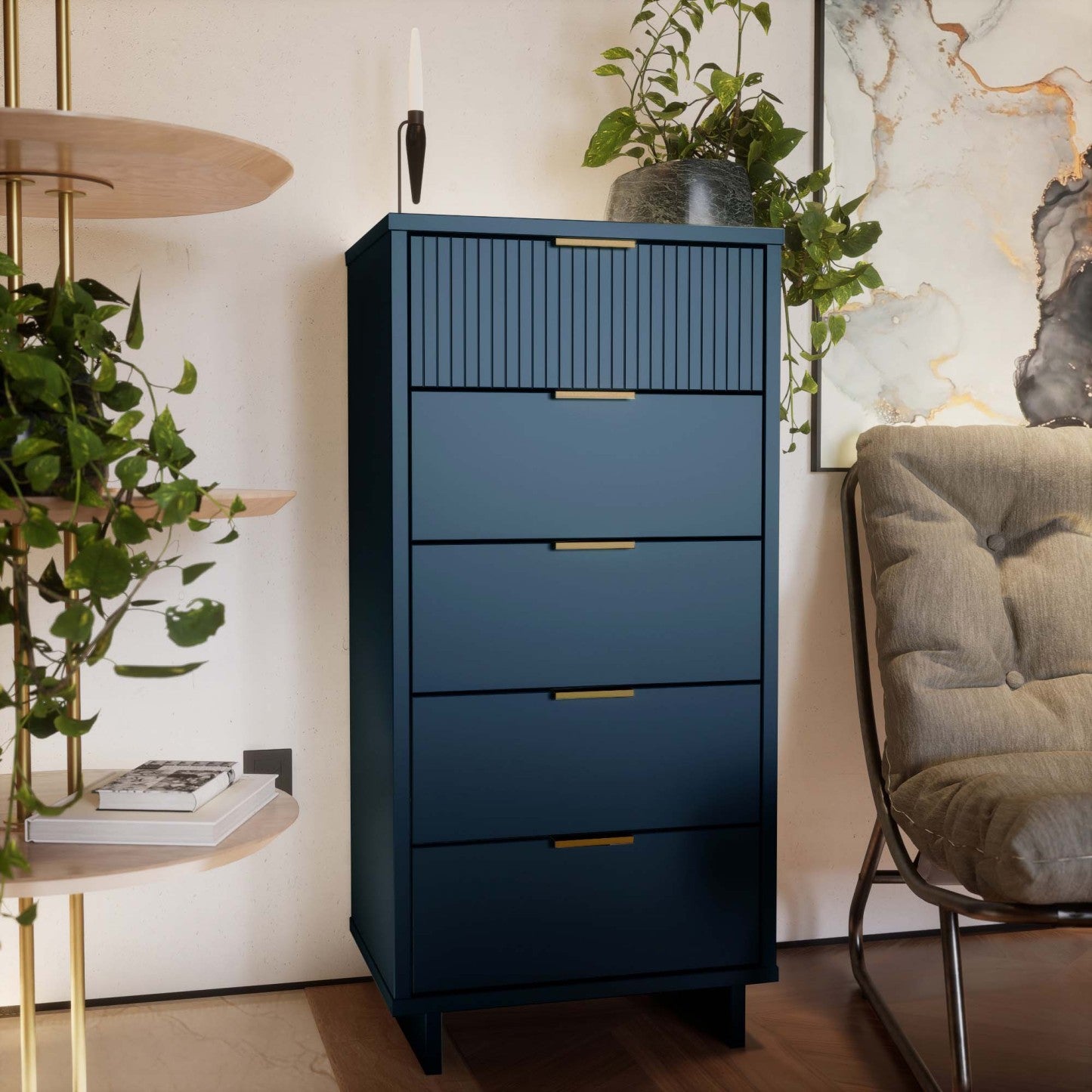 Manhattan Comfort Granville Tall 23.62 Modern Narrow Dresser with 5 Drawers - Midnight Blue|Grande commode mince moderne Granville de Manhattan Comfort de 23,62 po avec 5 tiroirs - bleu minuit