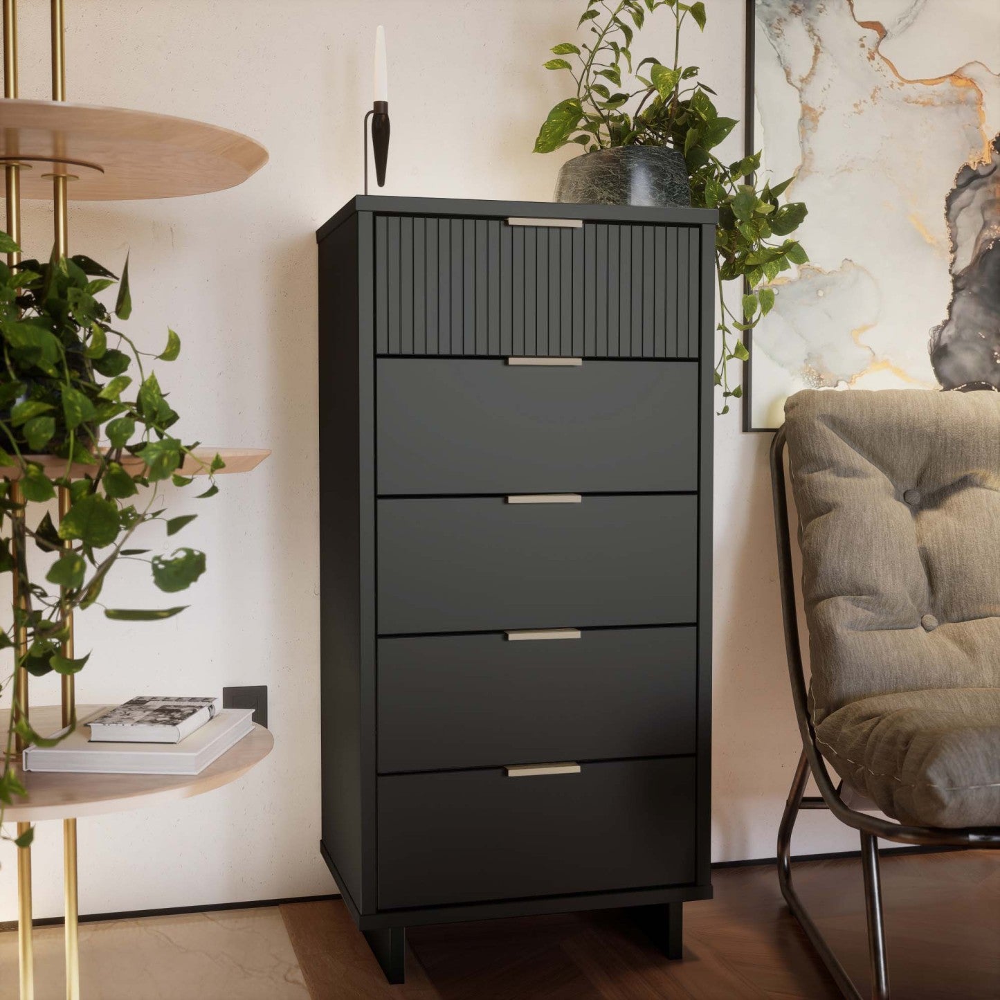 Manhattan Comfort Granville Tall 23.62 Modern Narrow Dresser with 5 Drawers - Dark Grey|Grande commode mince moderne Granville de Manhattan Comfort de 23,62 po avec 5 tiroirs - gris foncé