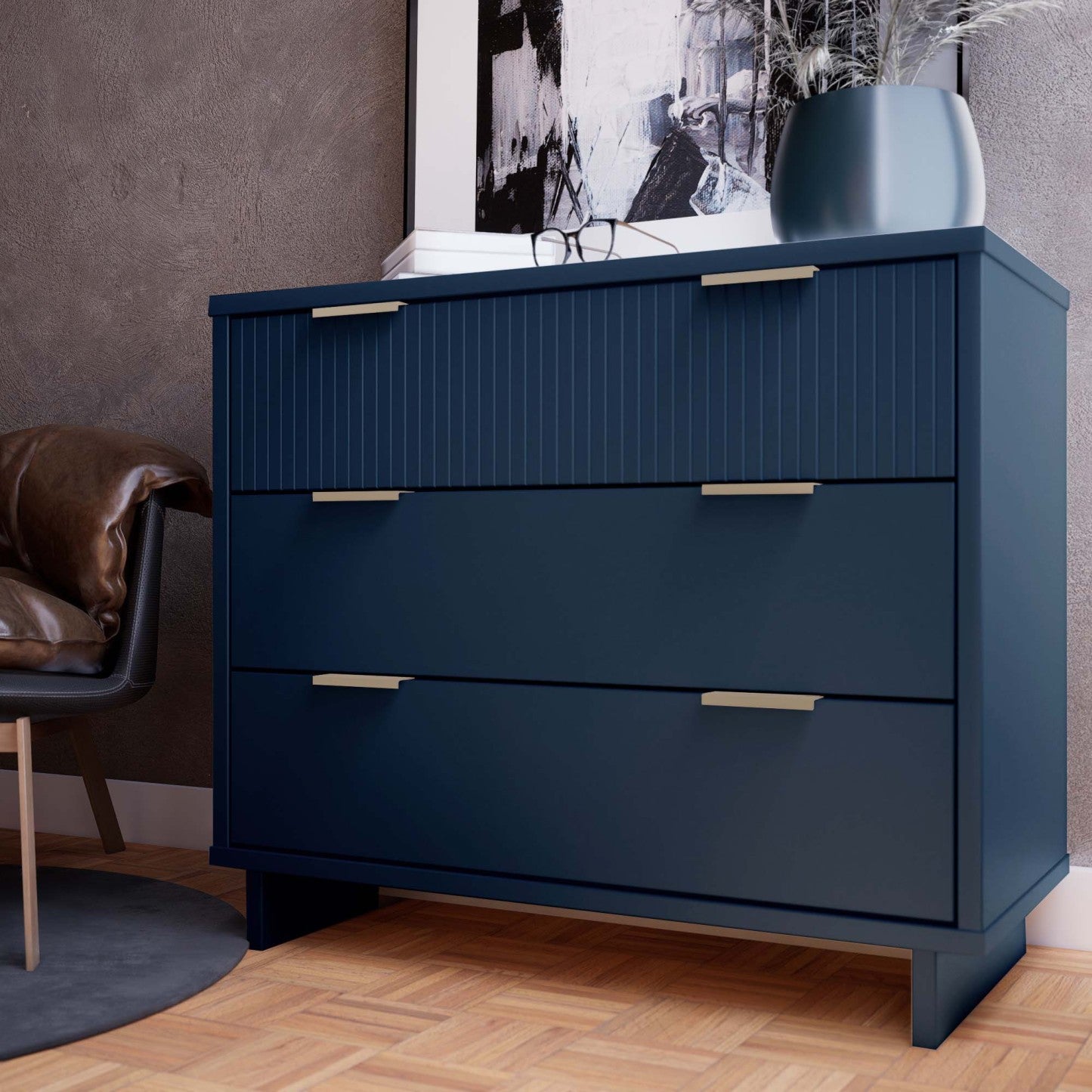 Manhattan Comfort Granville 38.18 Modern Standard Dresser with 3 Drawers - Midnight Blue|Commode standard moderne Granville de Manhattan Comfort de 38,18 po avec 3 tiroirs - bleu minuit