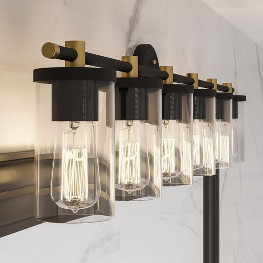 Applique murale Decatur à 6 lumières, style ferme moderne, noire et dorée, certifiée UL.