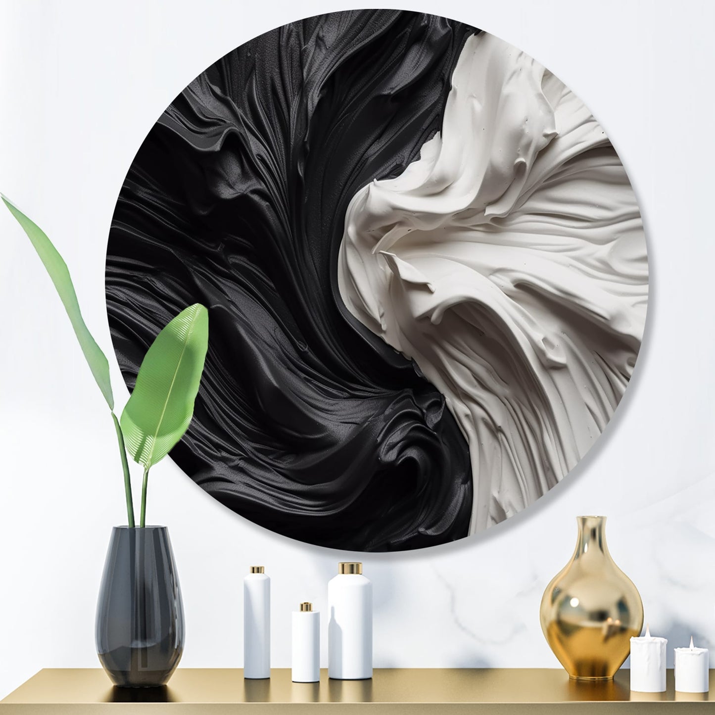 Designart Noir et Blanc Marbré Rêveur V Art Mural Rond Géométrique Moderne en Métal