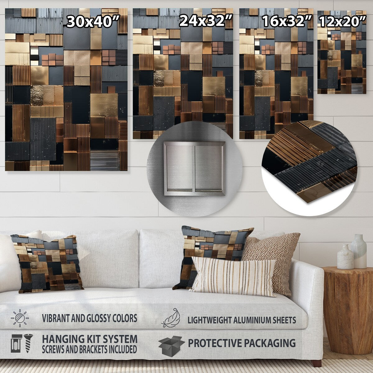 Designart Mosaïque de carreaux abstraits marron Charm Carreau abstrait Décoration murale en métal marron Décoration murale en métal moderne Œuvre d'art en métal