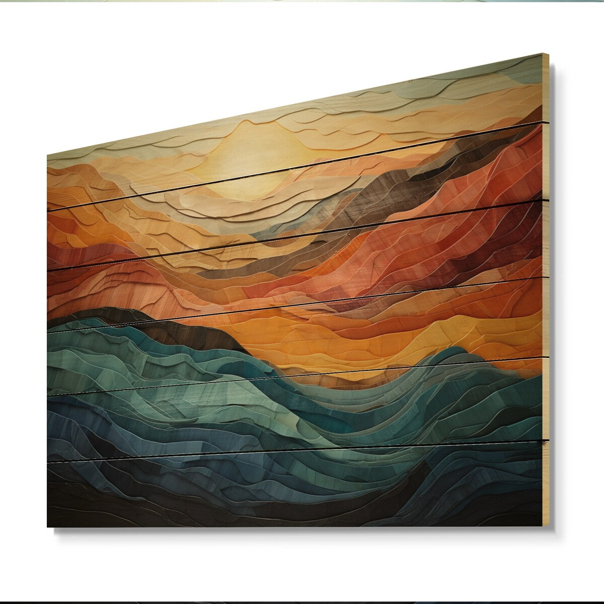 Designart Coral Teal Bold Mountains Landscape, impression moderne sur bois de pin naturel