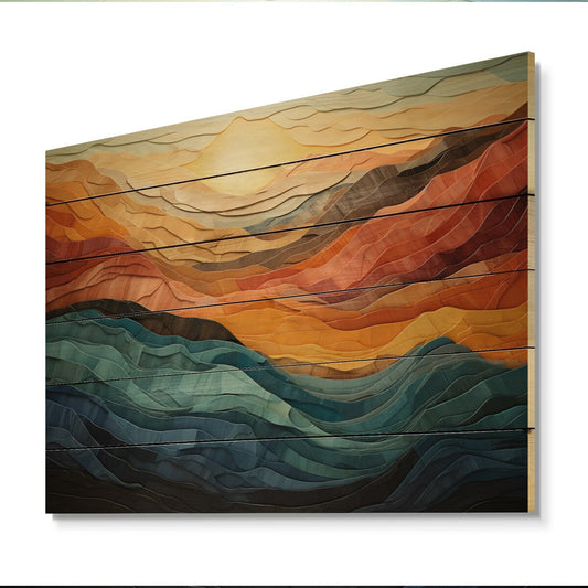 Designart Coral Teal Bold Mountains Landscape, impression moderne sur bois de pin naturel