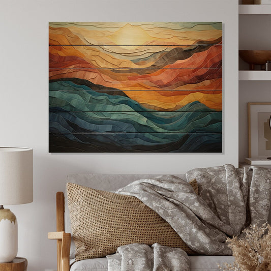 Designart Coral Teal Bold Mountains Landscape, impression moderne sur bois de pin naturel